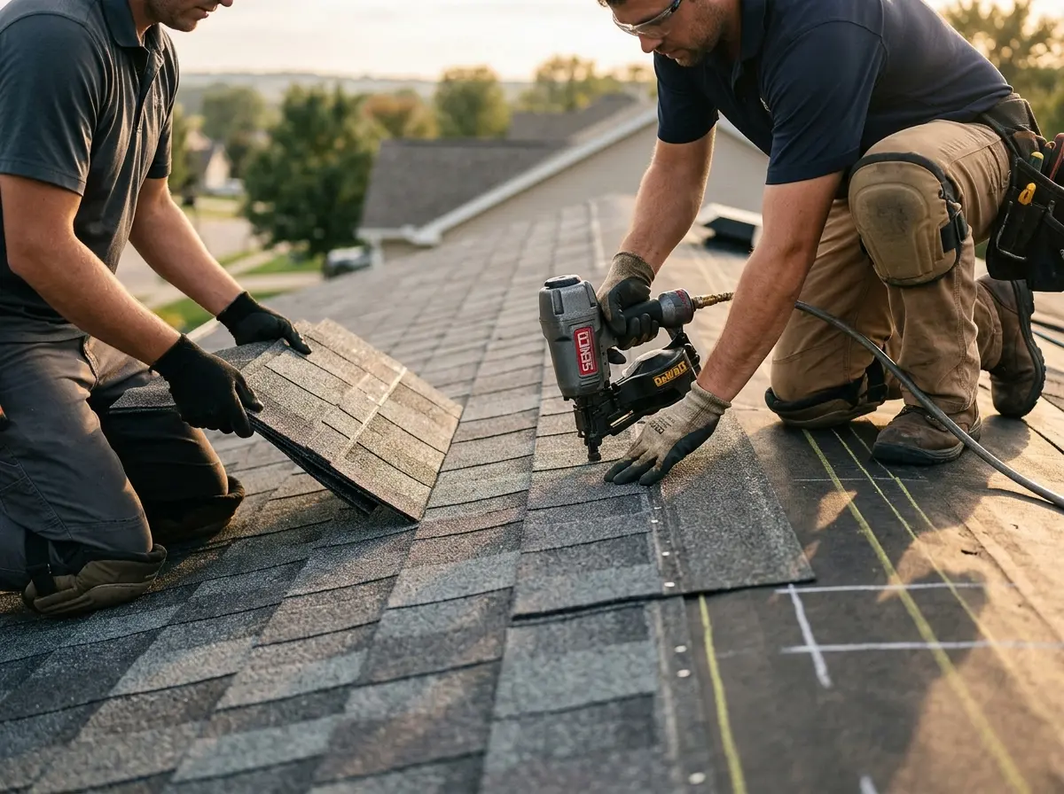 Professional roofer working on a residential roof in Edna